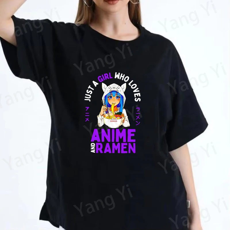 Japanese Anime Girl Eat Ramen Pattern Men Women Cotton T-Shirt Letter Unisex Tee Loose Large Size Top Funny Cute Couple Shirt
