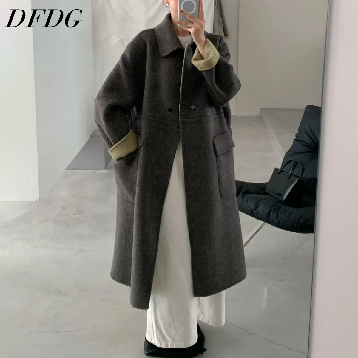 

DFDG 2025 Women's Double Faced Wool Trench Coat Long DB Color Block Designer New Elegant Casual Comfortable Fall Winter Luxury