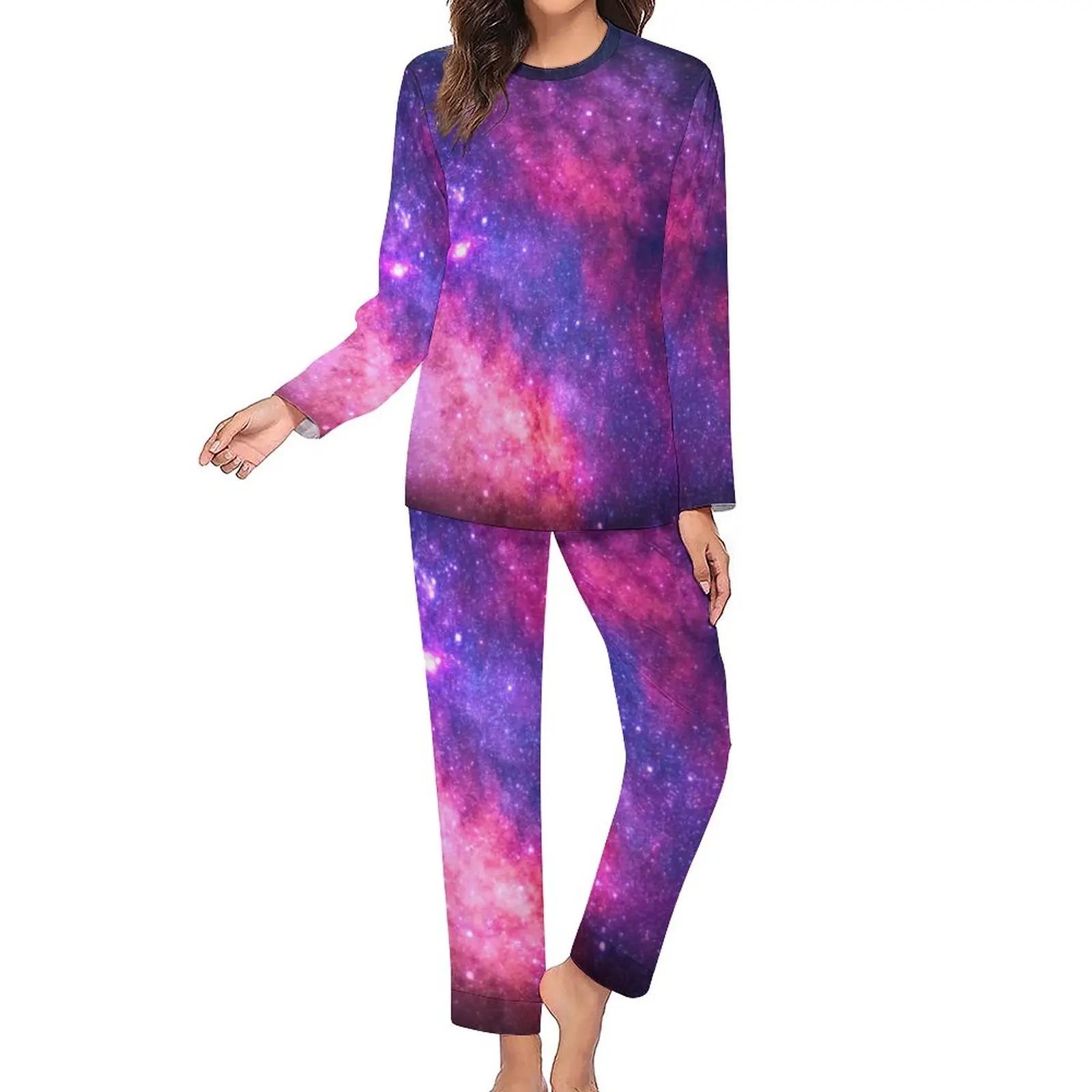 Colorful Galaxy Sky Pajamas Pink Purple Stars Kawaii Pajama Sets Womens Long Sleeves Casual Home Suit