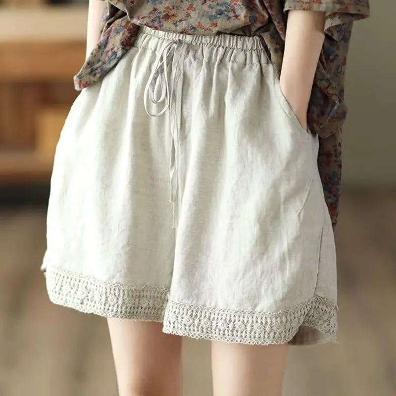Summer Women's Lace Trim Cotton Linen Shorts 2026 New Solid Color Wide-leg Casual Shorts Female Lace-up Waist Loose Shorts Pants