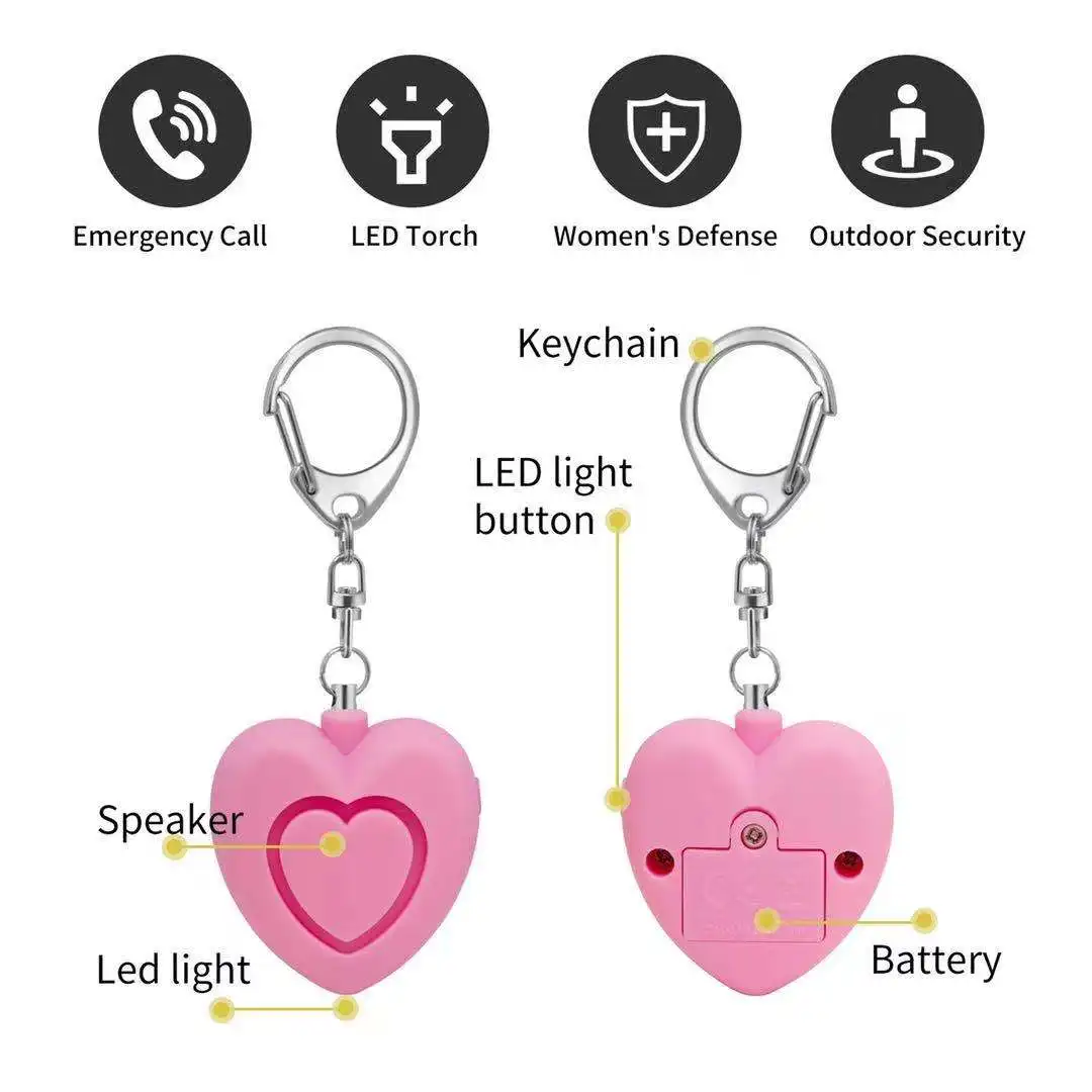 Small Personal Anti-Attack, Alarm and Alert Protection Keychain, DB, with LED Light Coy Heart-Shaped