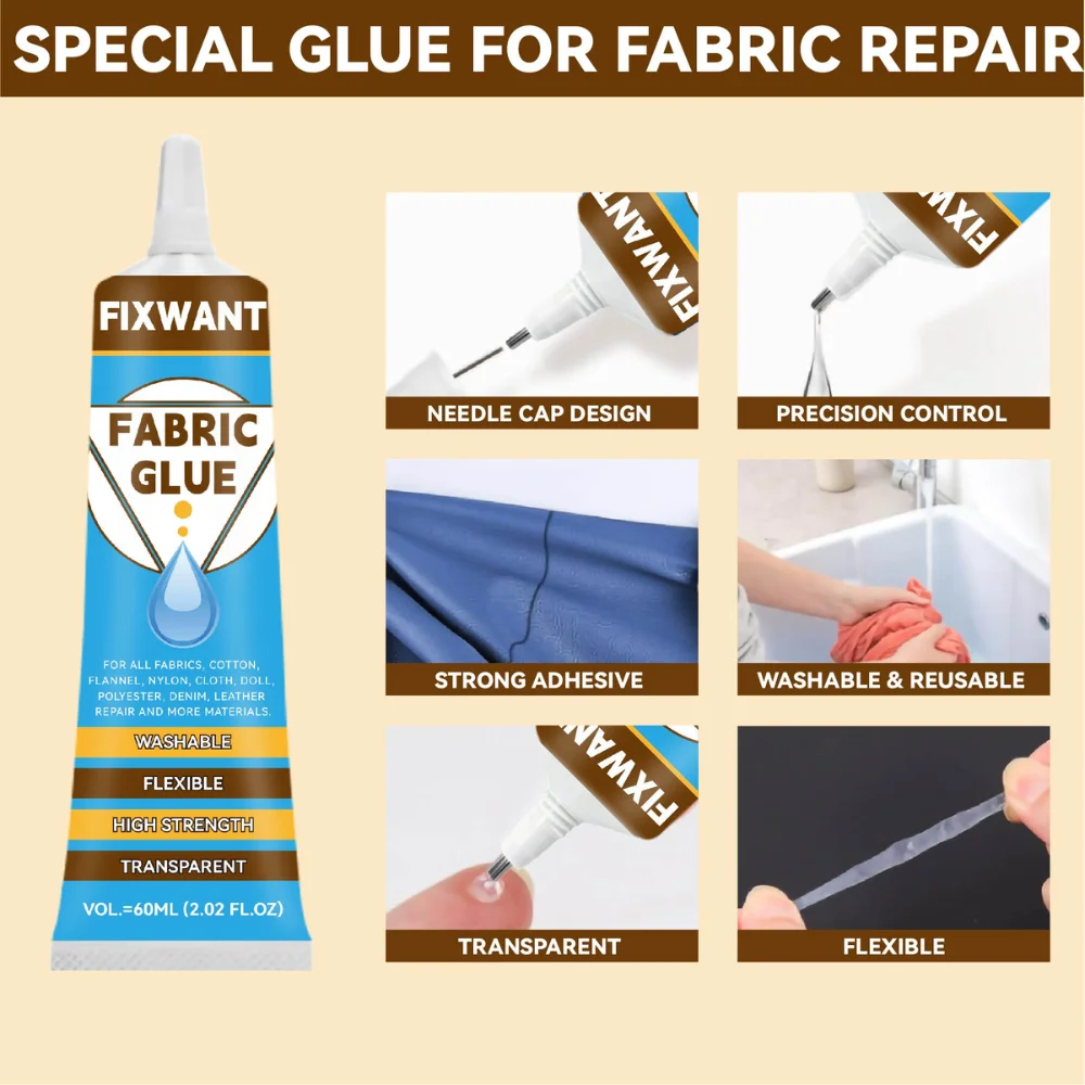غراء نسيج شفاف لاصق من القماش للجلد والقطن والبوليستر سريع الجفاف وقابل للغسل - مثالي للحرف اليدوية وإصلاح الملابس