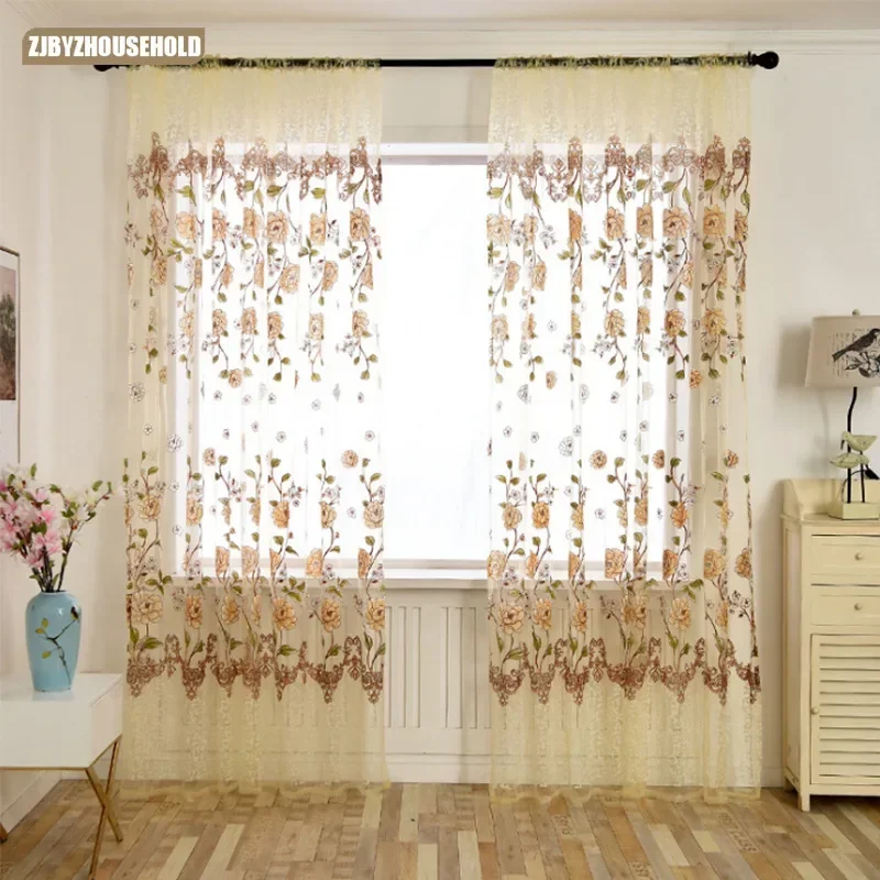 

Tulle Printed Large Peony Gauze Curtains for Living Dining Room Bedroom Light Transparent Curtain Valance Bedroom Sub Finished