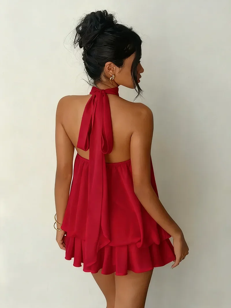 Damen Chiffon-Minikleid mit Neckholder, ärmellos, mehrlagig, mit Rüschen, fließend, einfarbig, locker, A-Linie, Sommer-Party, Strand, Freizeit-Sommerkleid – Detail 36