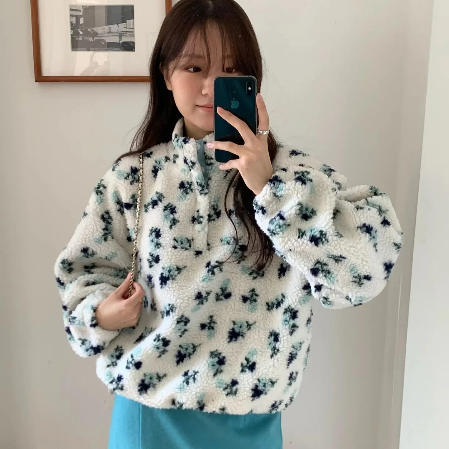 Autumn Winter Floral Lamb Fur Jaet Women's Loose Warm Sli Outerwear Casual Sle Long Sve No Hood Faionable