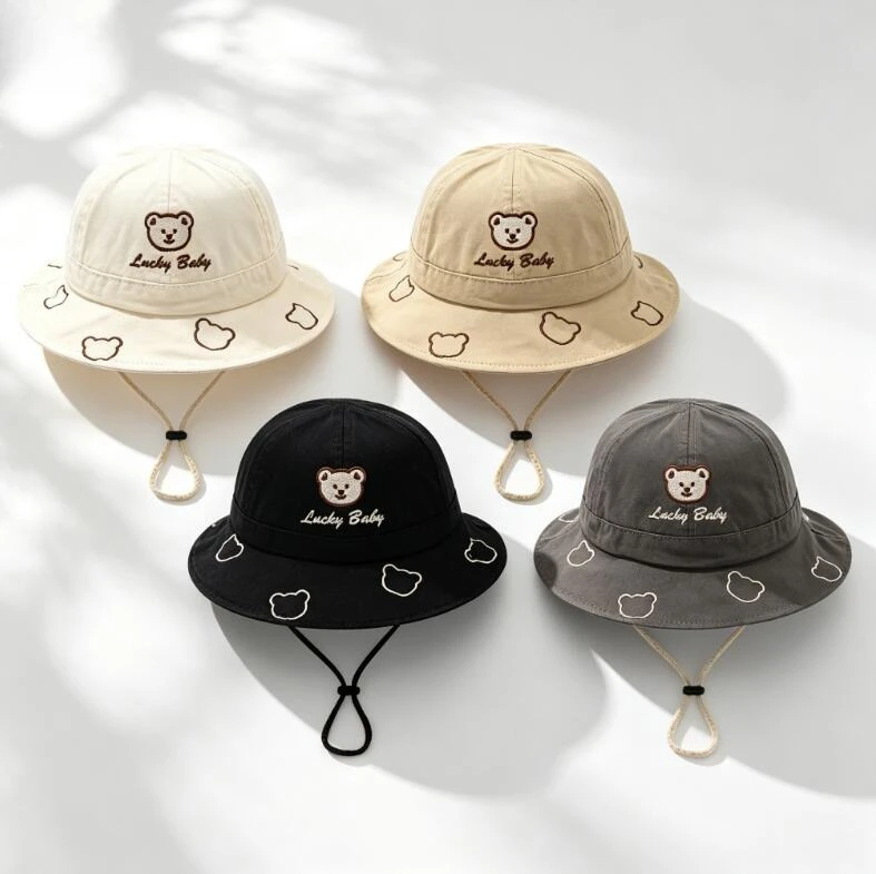 2026 Cute Cartoon Bear Baby Bucket Hat Summer Outdoor Baby Boys Girls Fisherman Hats Solid Color Infant Toddler Basin Cap