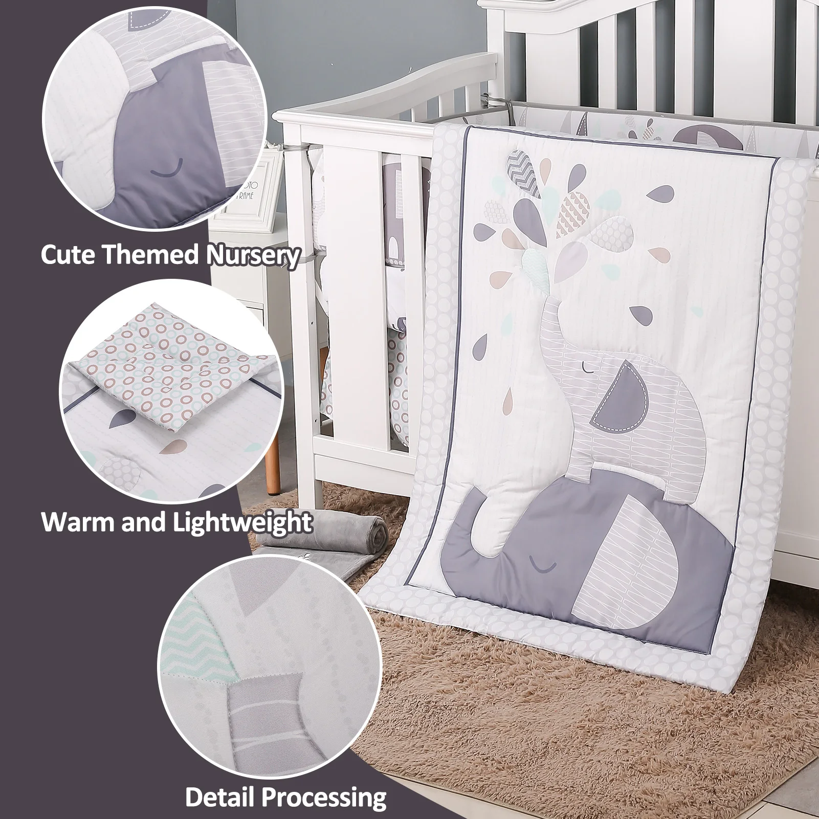 3 Stuks Baby Beddengoed Set Olifanten Thema Wieg Beddengoed Set Inclusief Wieg Quilt Laken Bed Rok Voor Jongens En meisjes Slapen Gift