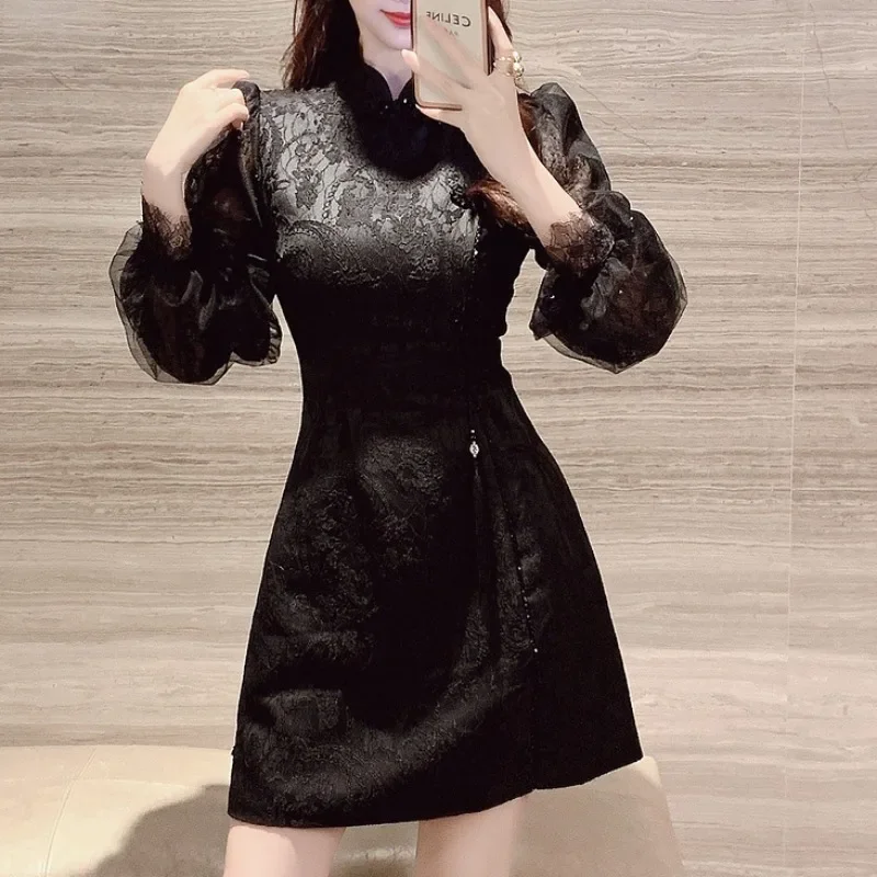 Chinese Style Black Jacquard Floral Women Dress Bodycon Vintage Evening Party Clothing Runway Design Business Elegant Vestido