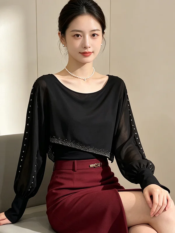 Fall 2026 Women's Long Sleeve Mesh Top Slim Fit Glue Diamond T-Shirt Casual Versatile round Neckline Loose Style Fashionable