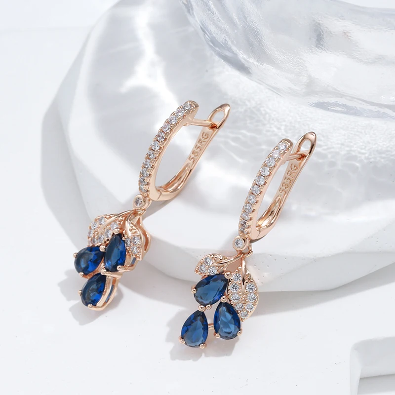 Kienl New 585 Rose Gold Color Long Earring for Women Vintage Blue Natural Zircon Flower Drop Earring High Quality Daily Jewelry