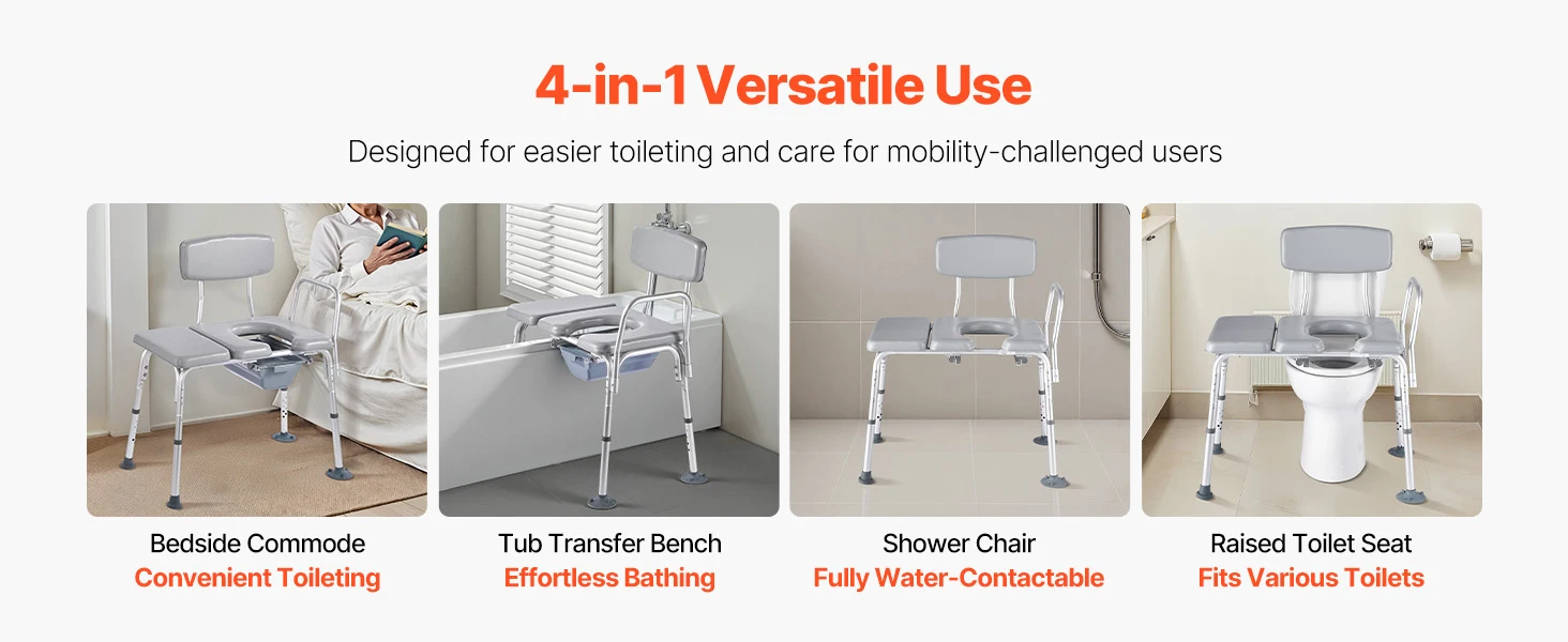 SucceBuy 500 lbs 4-in-1 Bedside Commode Chair with Padded Seat and Backrest Detachable 5L Bucket Adjustable Height for Seniors