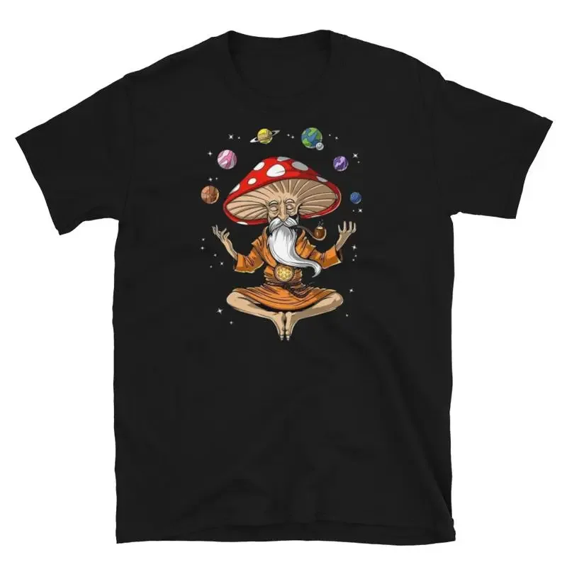 

Mushroom Gnome Meditating Planets Graphic Tee Breathable Cotton Round Neck Short Sleeve T-Shirt Unisex