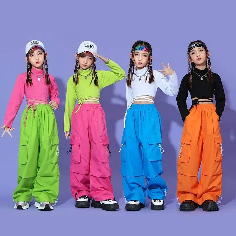 Girls Hip Hop Colorful Crop Top Cargo Pants Child Sweatshirt  Joggers Kid Streetwear Jazz K-pop Street Dance Costume Clothes Set