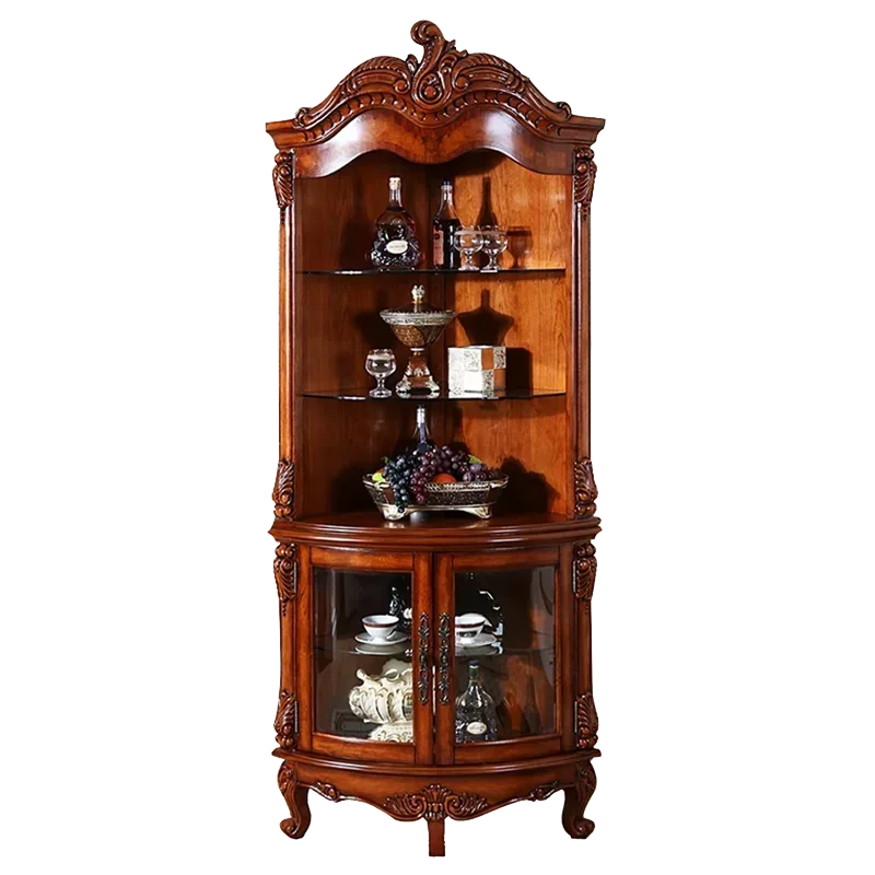 

American solid wood triangular cabinet European carved living room display cabinet retro storage side cabinet against the wall l