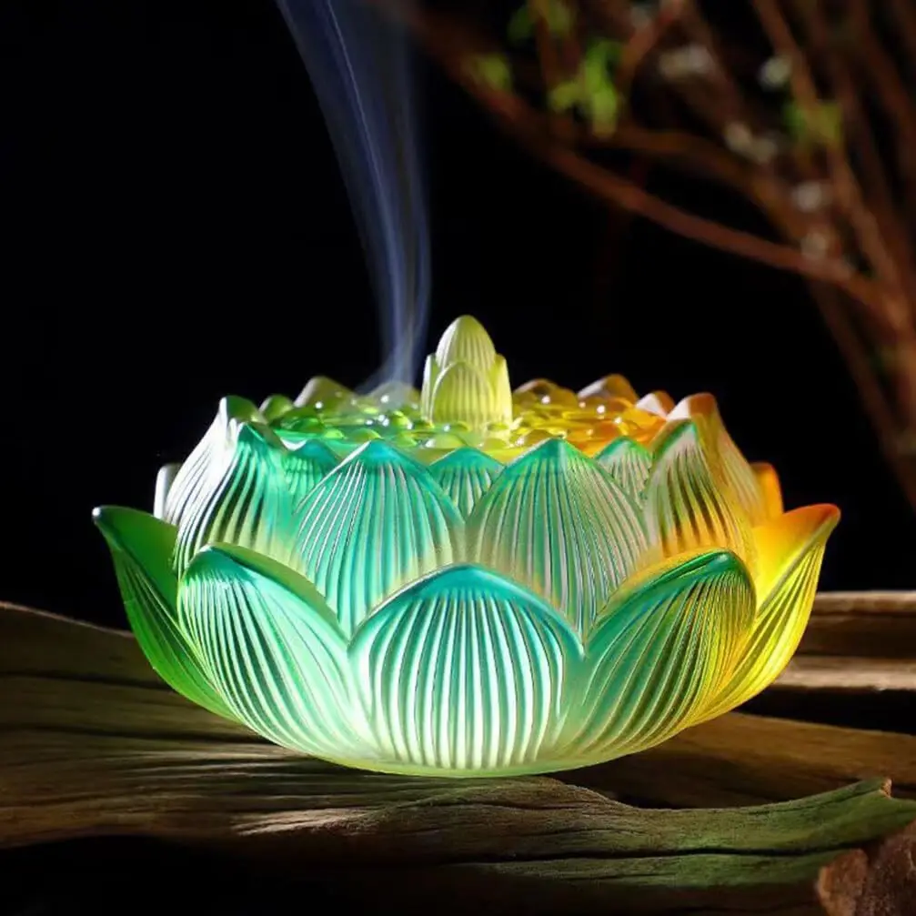 Lotus Incense Burner Bowl Flower Chinese Glass Incense Holder Censer Bowl Asian Style Cone Incense Ashes Catchers for Meditation