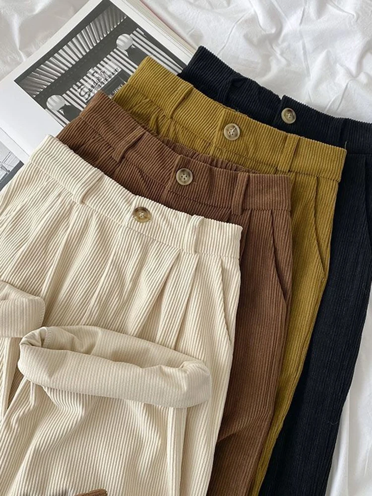 Vintage High Waist Corduroy Pants Women Classic Baggy Wide LegTrousers Korean Fashion All Match Streetwear Overalls Clothing