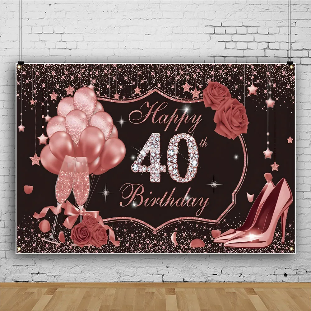 40th Birthday Party Backdrop Black Gold Glitter Balloon Boys Girls 40  Years Old Birthday Bar Mitzvah Photography Background