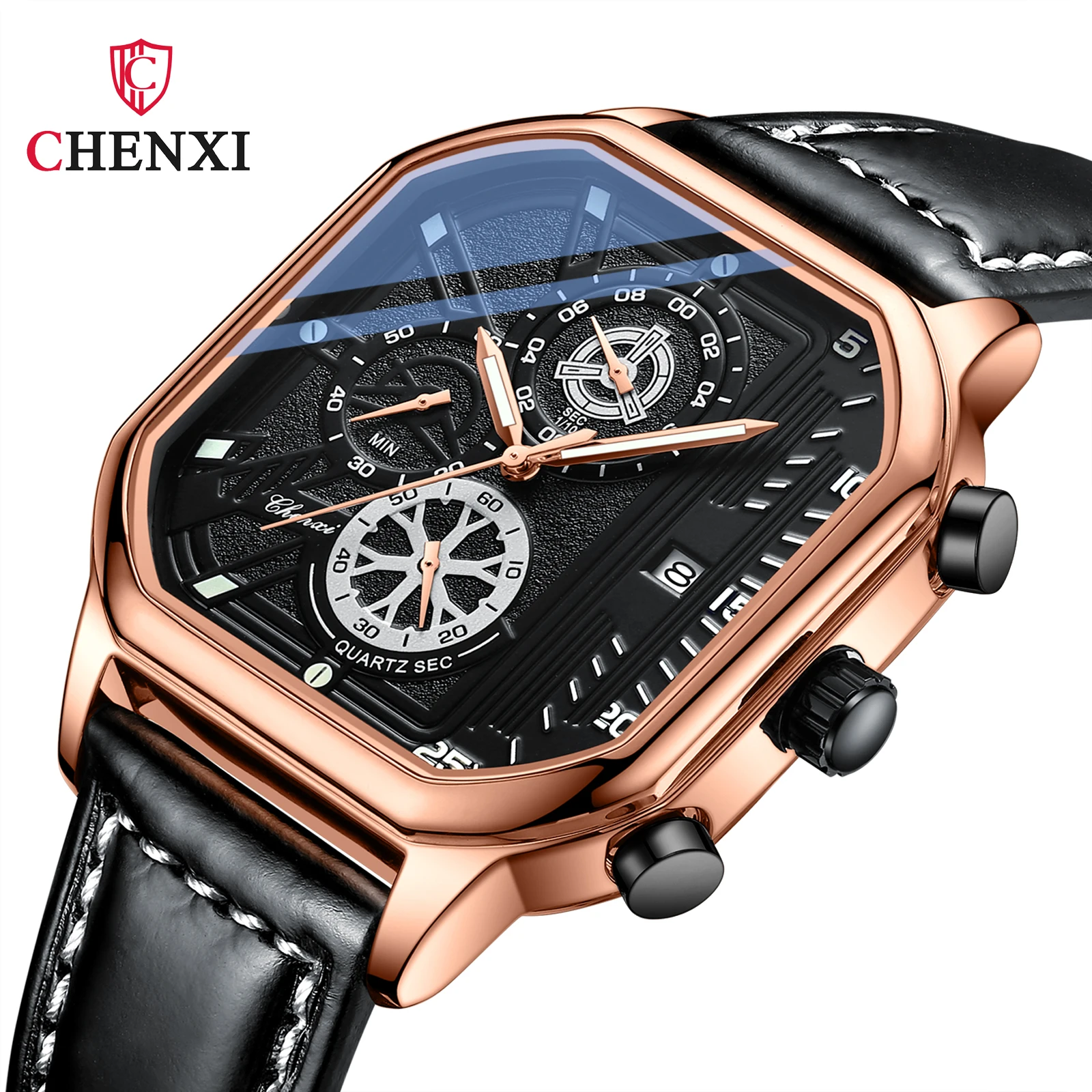 

2023 New Fashion Chenxi Top Brand Men Square Dial Black Leather Chronograph Quartz Sports Casual Waterproof Watches