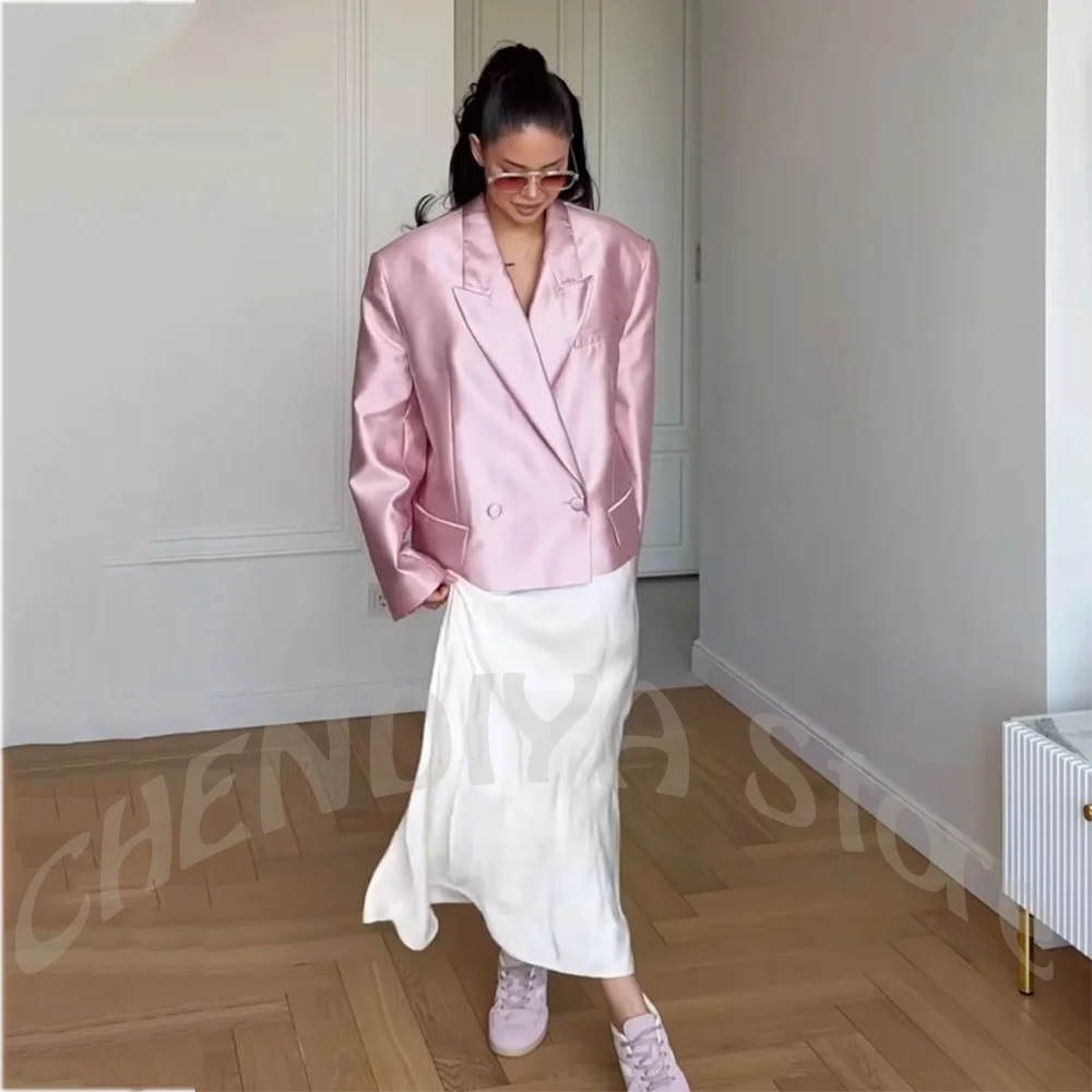 Shiny Satin Pink Women's Suits Short Blazer Double Breasted Peaked Lapel Casual Formal Club Office Coat Jacket One Piece