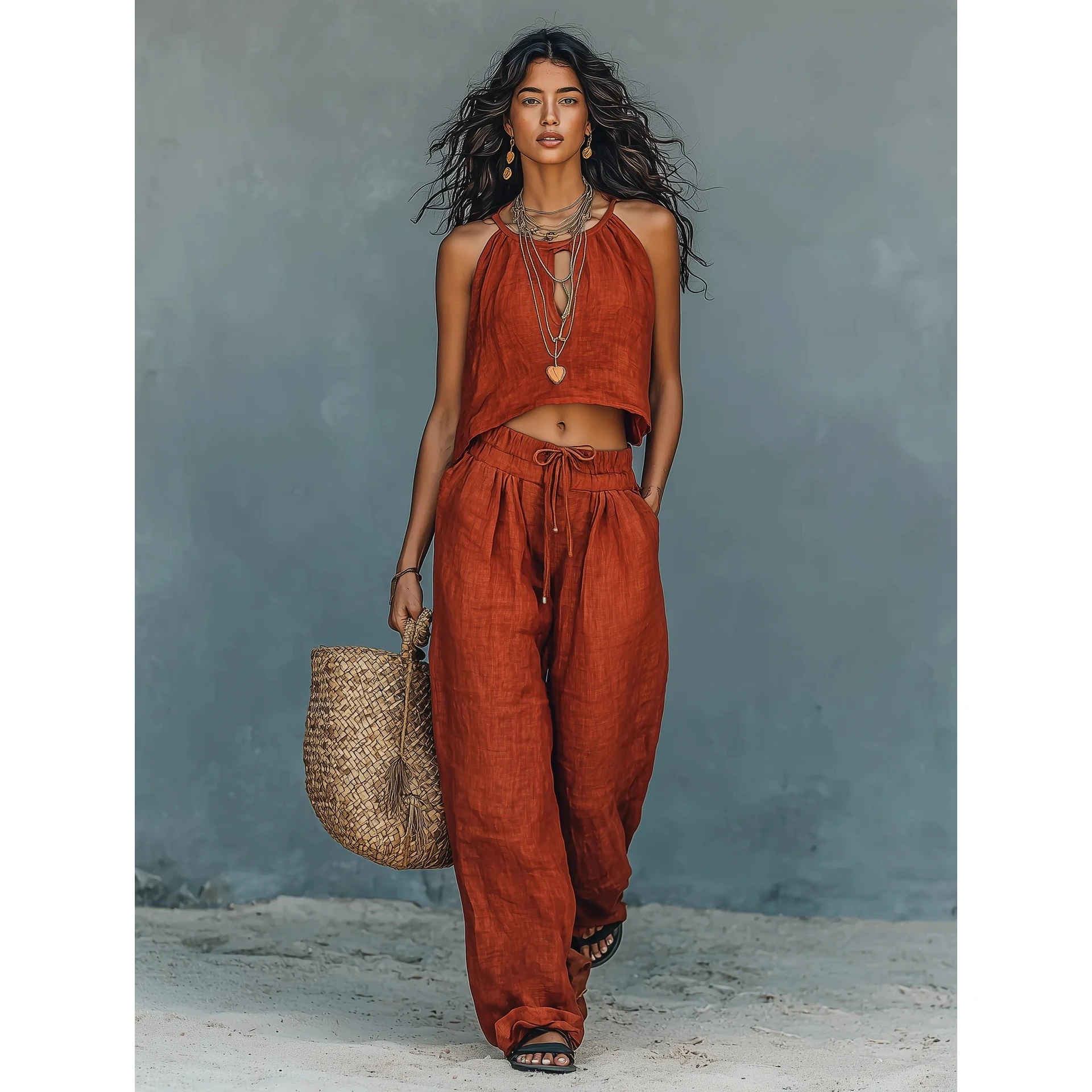 New Women's 2-Piece Set Sleeveless Strap Vest Wide Leg Pants Casual Outfit Cross-Border Fashionable Ethnic Style Winter Colle...