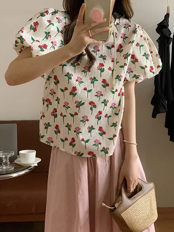 

plus Size Women's Floral Print Bubble Sleeve Shirt Korean Style Summer Slimming Versatile Student Casual Loose Fit Top
