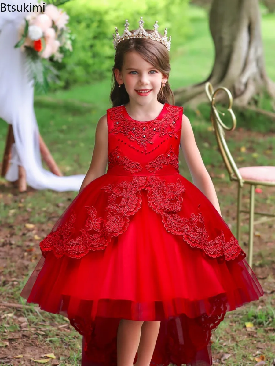New Children's Dress Princess Embroidered Girl's Lace Flower Girl Trailing Ball Gown Flower Girl Dresses Vestidos Para Niñas