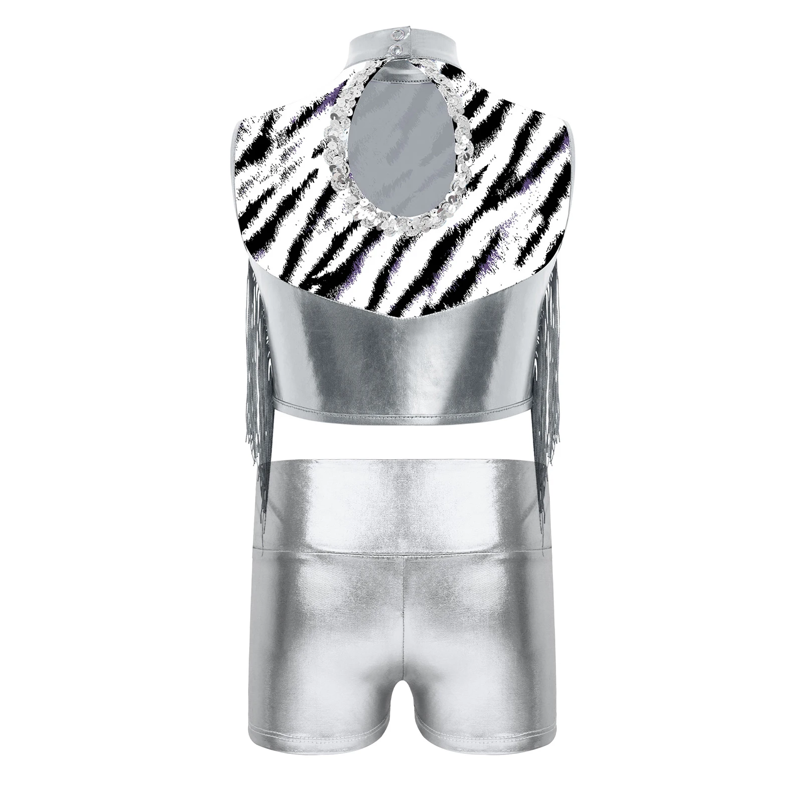 Jazz Dance Performance Costume Girls Ballet Gymnastics Set with Zebra Stripe Metallic Tassel Keyhole Back Crop Top and Shorts