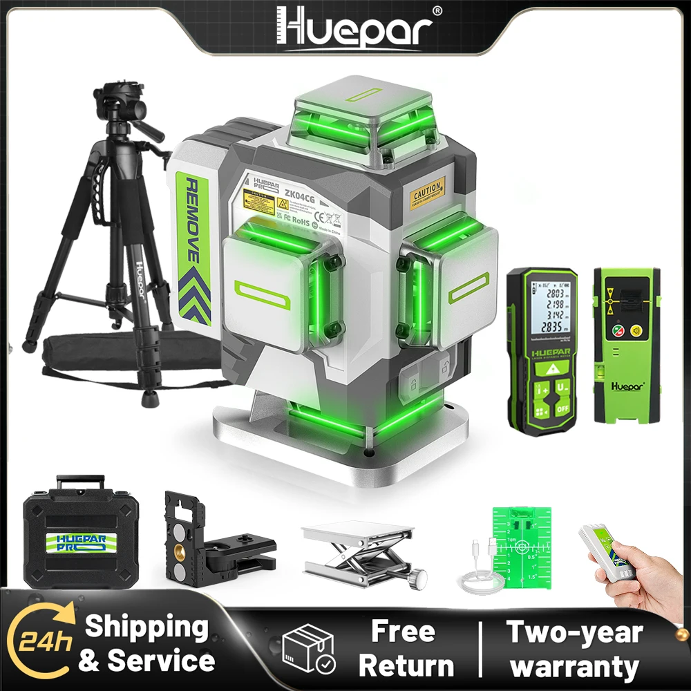 Huepar Livello laser 4D a 16 linee con treppiede ricevitore e telemetro Precisione ±2 mm Strumenti di allineamento laser a linee incrociate autolivellanti