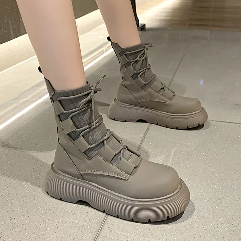 

Round Toe Med Heel Boots Women Shoes Autumn Boots-Women Mid Calf Rubber Rock Flat Ladies Mid-Calf Lolita 2023 Stockings Solid C