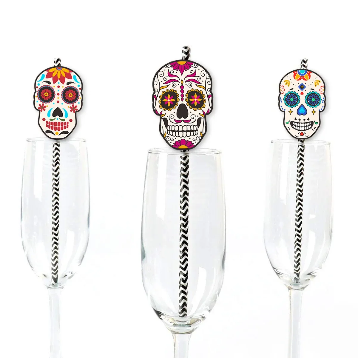 24 Stück Schädel Papier trinken Stroh Cocktail Saft Einweg Strohhalme Geschirr für mexikanischen Tag der toten Halloween Party Dekor – Detail 8