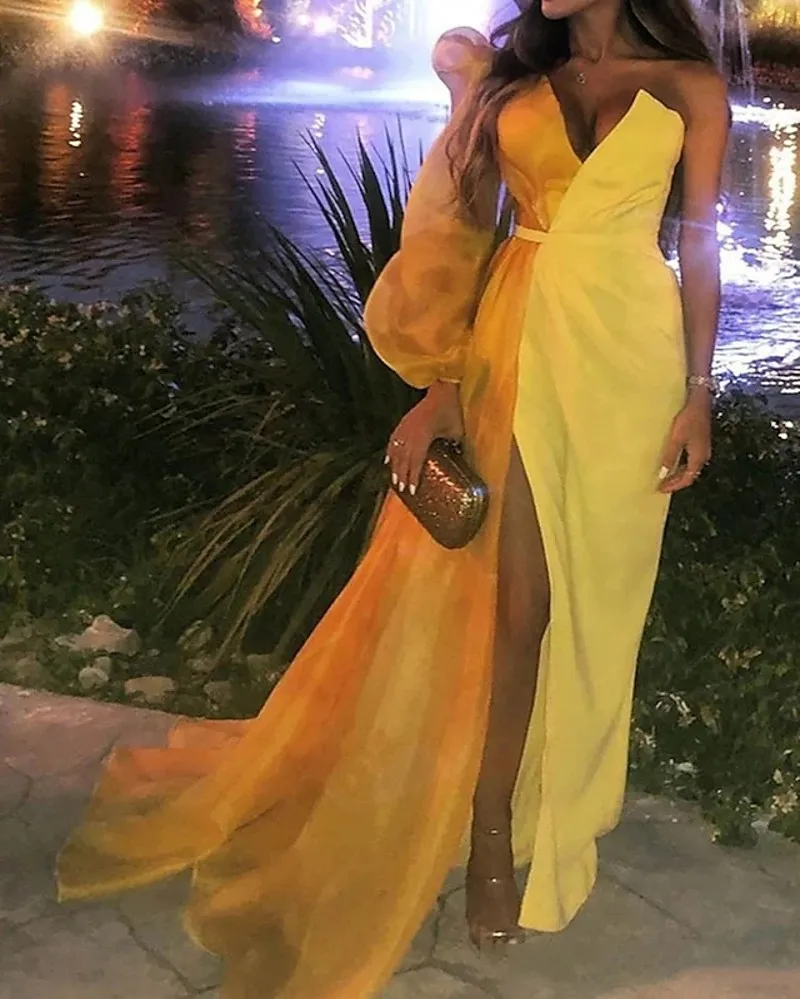 Sexy Gold Evening Formal Dress 2025 V Neck Long Sleeve Satin Organza Slit A-line Prom Pageant Gowns Robe De Soirée Customized