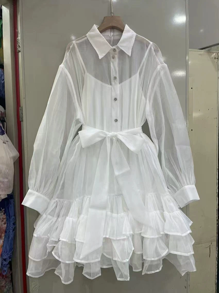 Primavera e verão feminino casual camisa vestido lapela cinto bainha decorativa costura camada solta novo estilo-GZXX020