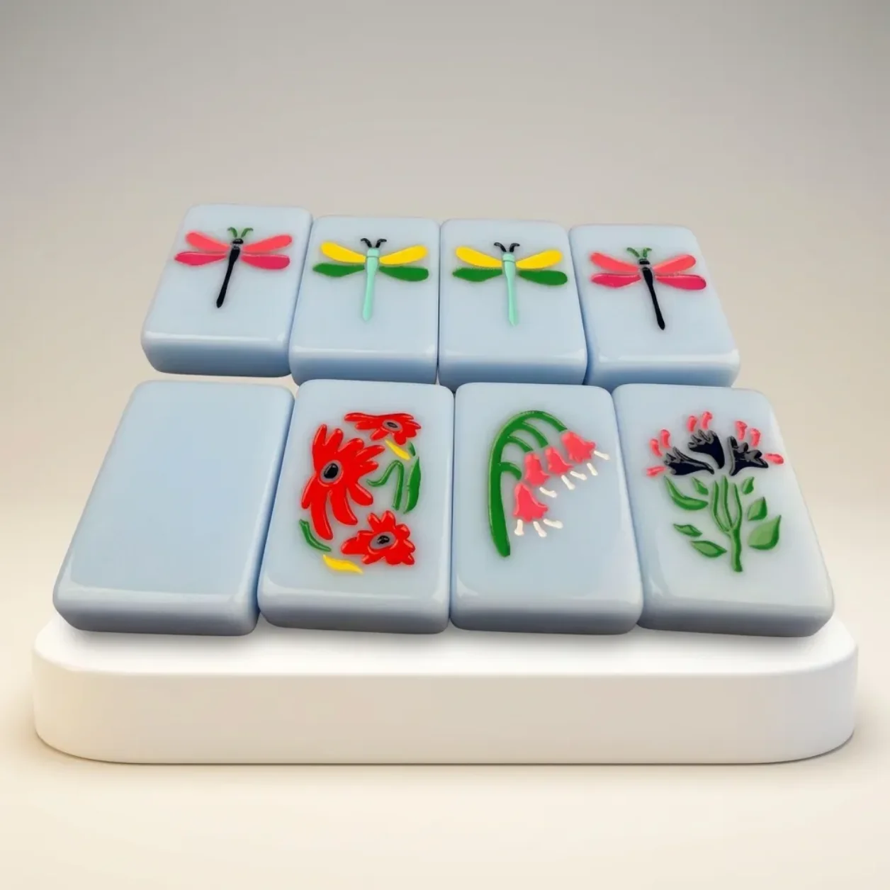 36mm Light Blue Acrylic American Mahjong Set 160Pcs Hand-painted Colorful Floral Carving Tiles Waterproof Wear-resistant