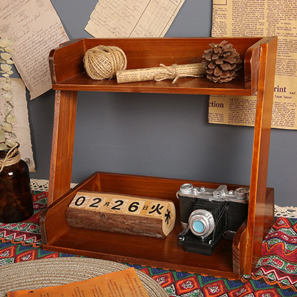 

Desk Wood Shelf Layered Storage Rack Large Capacity Desktop Organizer Skincare Display Holder Tabletop Sundries Holder