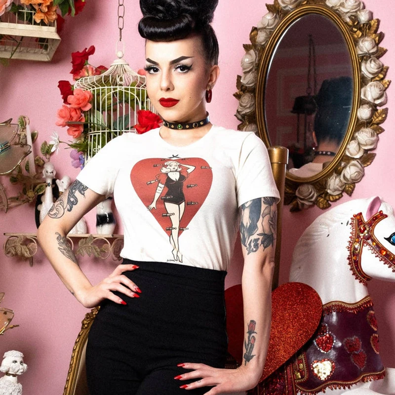 Sexy Lady and Red Love Heart Women T Shirts Cotton Short Sleeve Summer Fashion Graphic Tee Halloween Clothes Vintage T-shirts