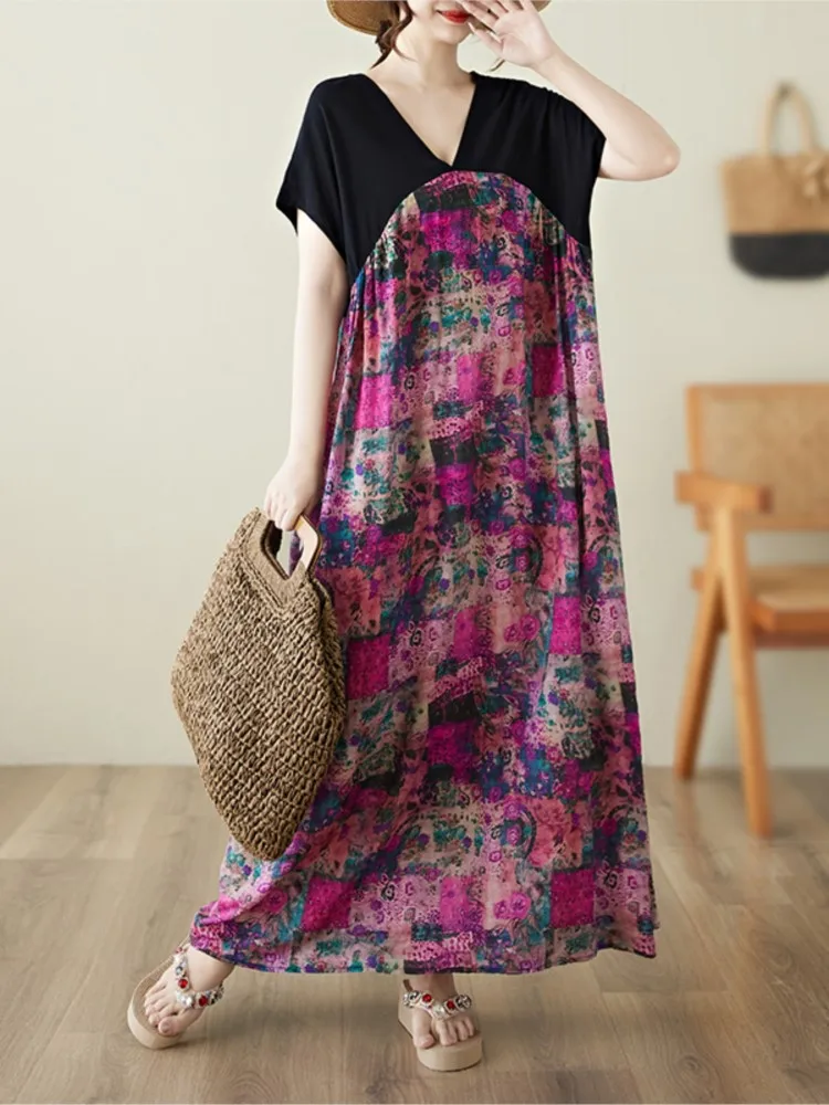 特大夏の V ネックドレス女性花花柄パッチワークファッションフリルルーズレディースドレス A ラインカジュアル女性ドレス