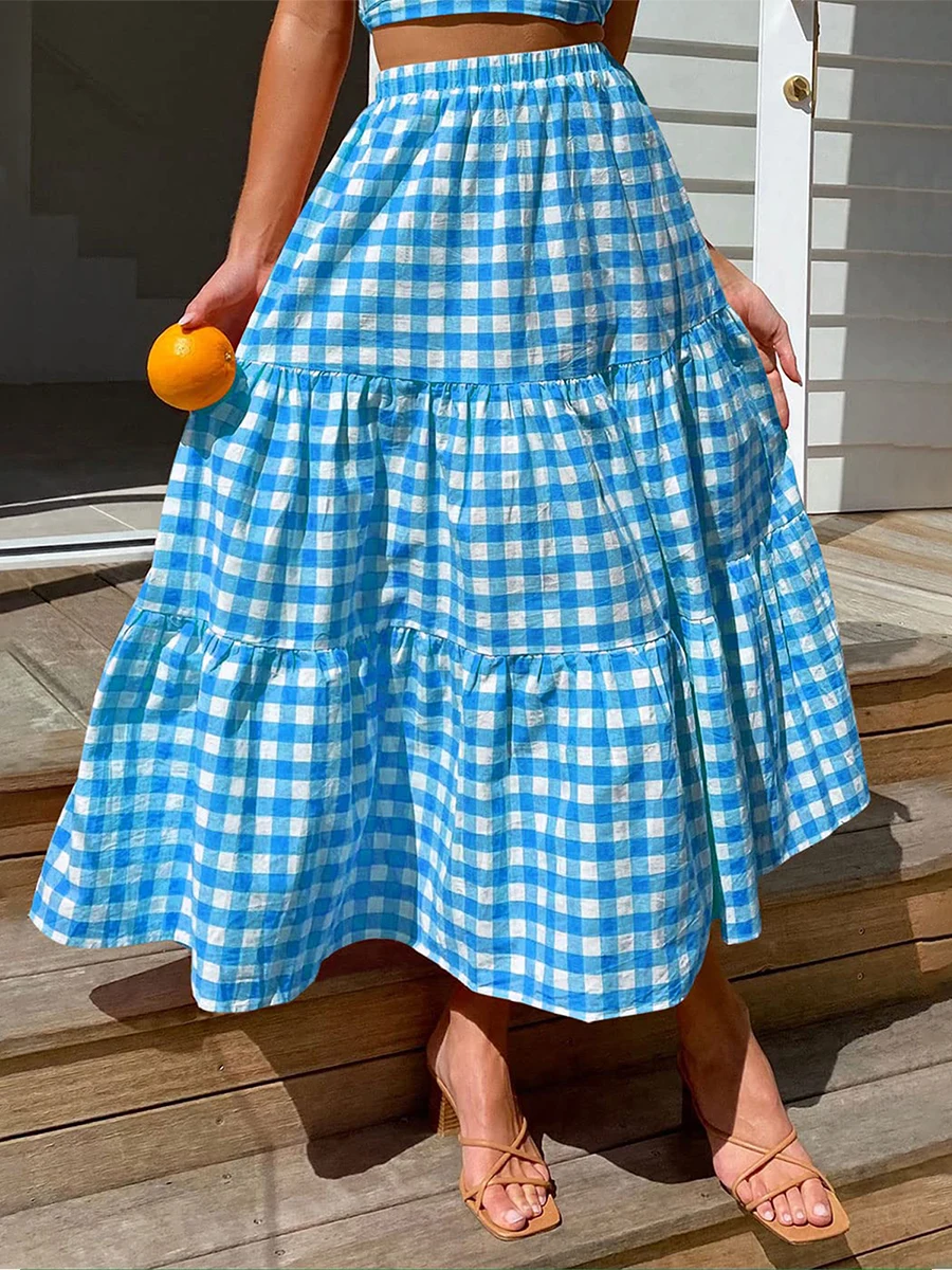 

New Fashion Womens Summer High Waist Skirt Solid Color/Plaid Long Skirt For Travel Beach Shopping Hot Sale S M L
