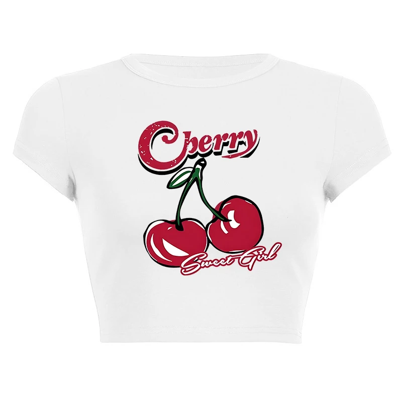 Gothic Harajuku Aesthetics Punk T-Shirts Y2k Creative Cherry Pattern Printing Tee Women Sexy Streetwear 2000s Emo Girls Crop Top