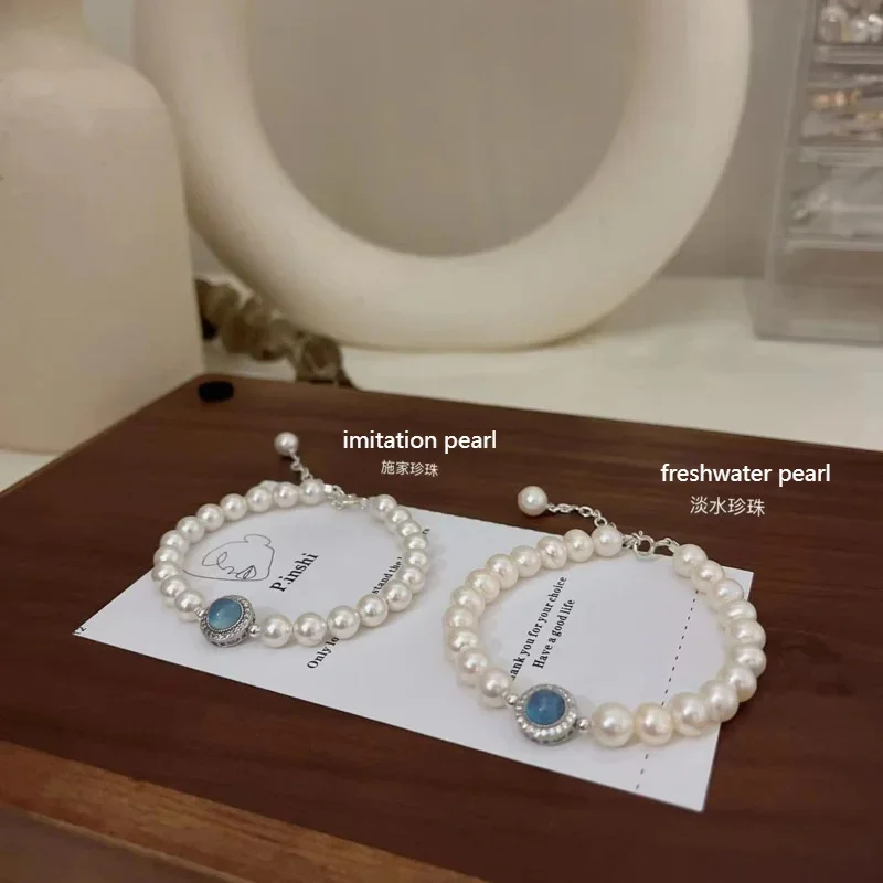 

Браслет из стерлингового серебра 925 пробы с синими кристаллами и жемчугом, декоративное украшение для дома, спальни, гостиной, подарок