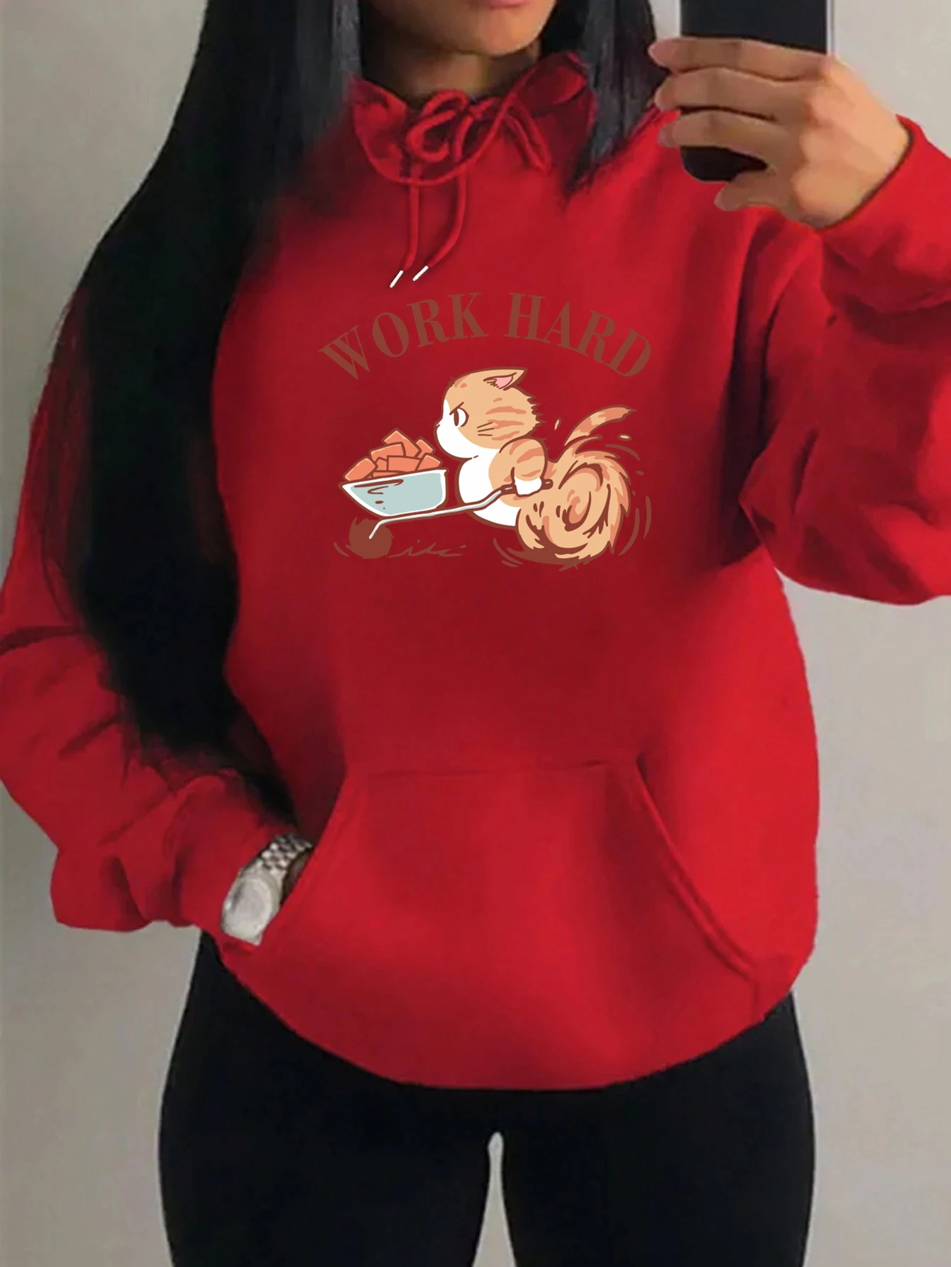 Work Hard Fighting Cat Cartoons Design Women Hoody Fashion Fleece Hoodie Autumn Y2K Pocket Pullover Multicolor Unisex Streetwear