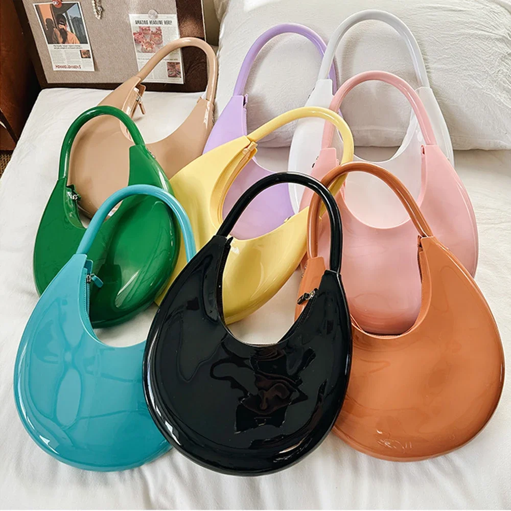Candy Color Jelly Bags For Women Luxury Half Moon Shoulder Bag Designer PVC Handbag Glossy Beach Tote Bag Ladies Armpit Bags New