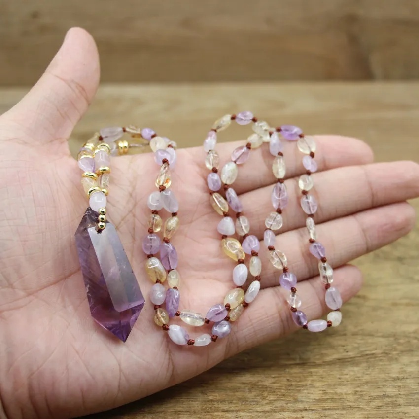 Citrines Amethysts Chips Crystal Double Point Pendant Knot Necklaces Aventurine Rock Stone Yoga Mala Prayer Women Jewelry,QC0164