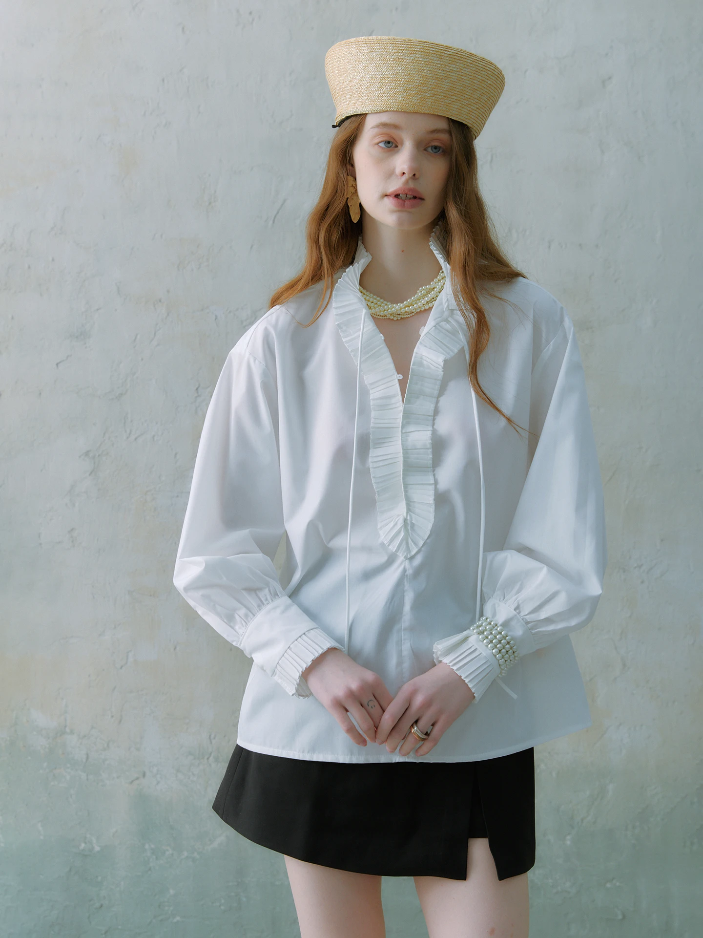 

Spring Vintage Court Pleated Lace Trim Women's White Shirt Cotton Polyester Blend Long Sleeve French Style Straight Cut Shirt