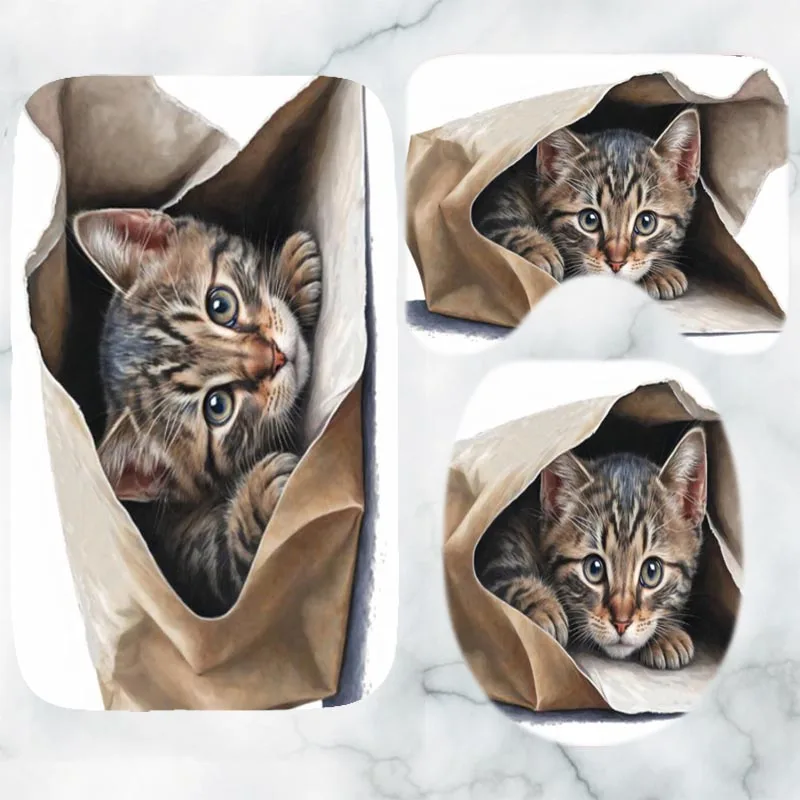 Funny Cute Tabby Cat Hiding in Paper Bag Bathroom Mats Set for Toilet Accessories Kawaii Kitten Bath Rug Set Home Decor Pet Gift