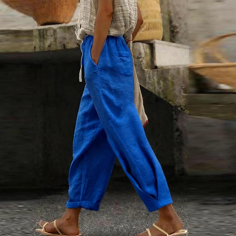 Women Fashion Embroidered Lace Trousers Vintage Lace Up Pocket Pants Women Summer Casual Loose Elastic Waist Long Pants White