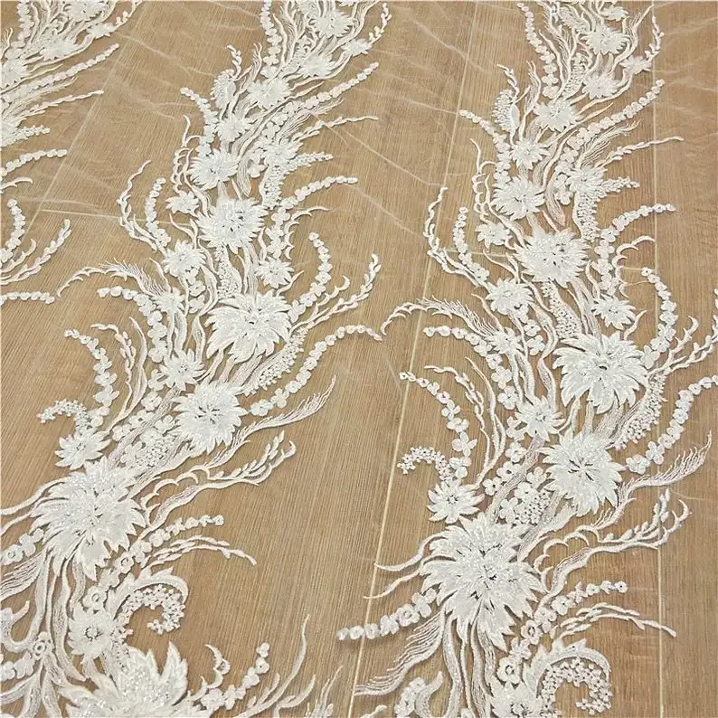 Lace Fabric By The Yard, Embroidered Flower French Lace Fabric, Sequins Lace For Curtains, Wedding Veil, Ball Gown Evening Dress