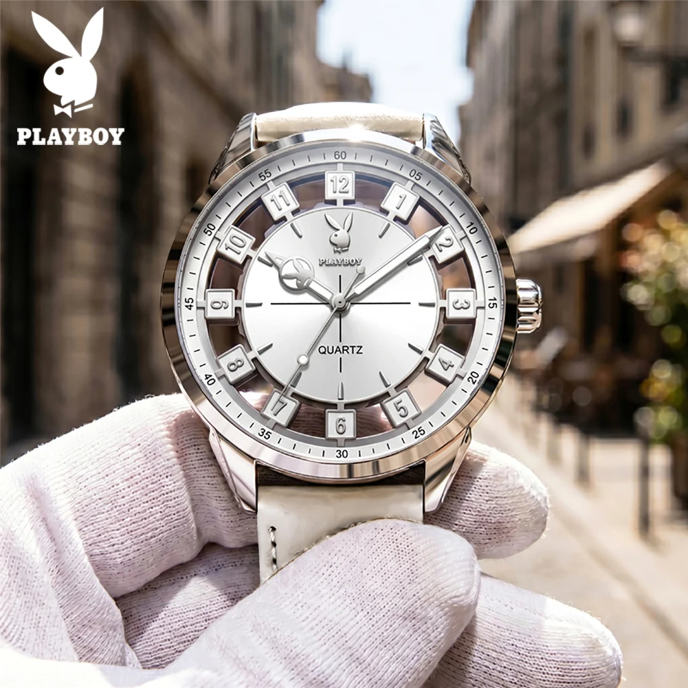 PLAYBOY 3137 Herrenuhr Ultra-Dünn 9,5MM Skelett Hohlquarz-Armbanduhr Original Leuchtendes Zifferblatt mit Großen Zahlen Wasserdicht Casual