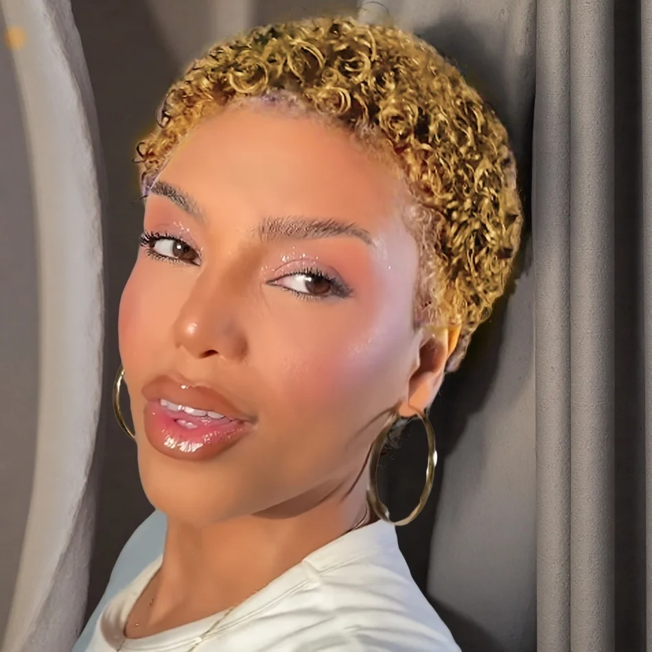 

Парик из натуральных волос, вьющиеся волны, парик с стрижкой пикси, афро-кудрявые вьющиеся волосы, полный парик машинного производства