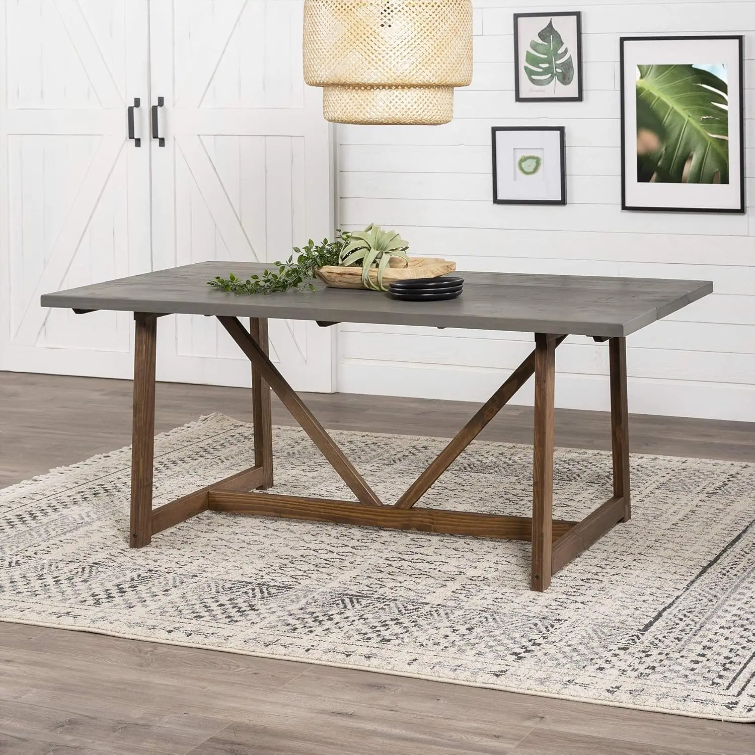 Muebles de cocina pequeños de granja moderna, mesa de comedor de madera, 72 pulgadas, gris y marrón