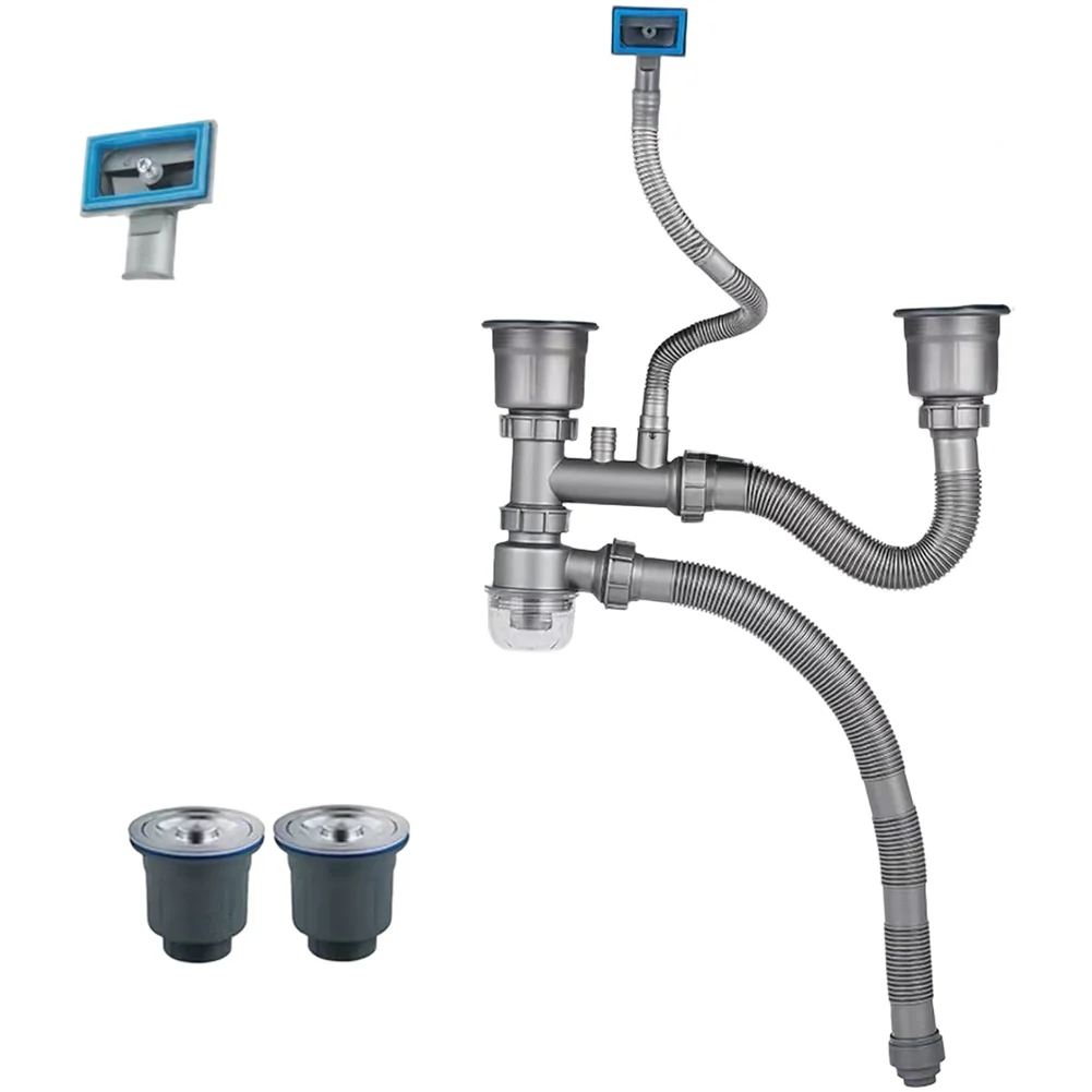 304 Stainless Steel Drain Pipe for Double Basin Kitchen Sinks with Overflow Hole S Trap and 480mm Center Fit Range